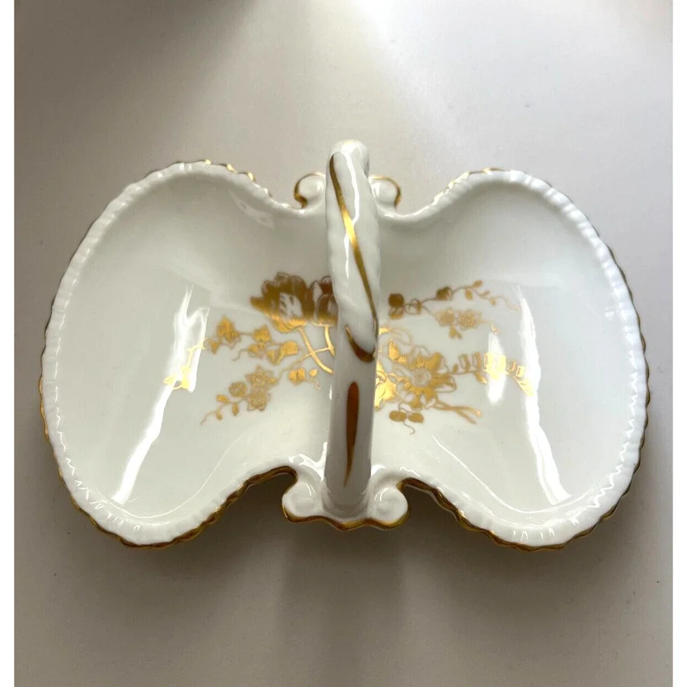 Hammersley & Co. Bone China Gold‎ Floral Candy Nut Dish Handle Gold Trim MCM